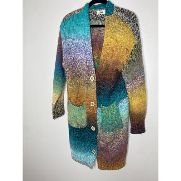 CGYY Multicolored Rainbow Chunky Knit Wool Longline Duster Cardigan Sweater Med - Picture 2 of 7